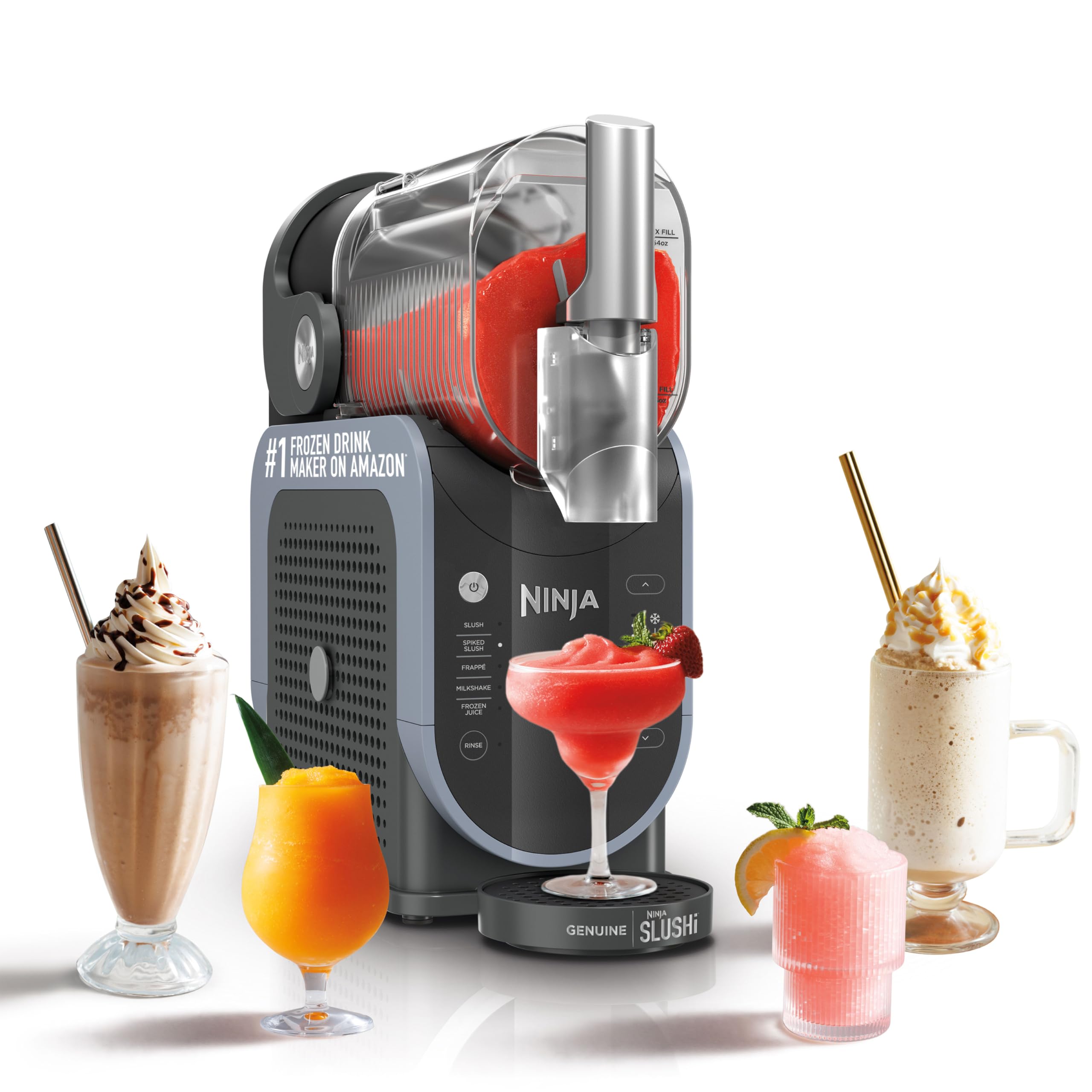 Black Ninja SLUSHi FS301 frozen drink maker surrounded by several finished frozen drinks