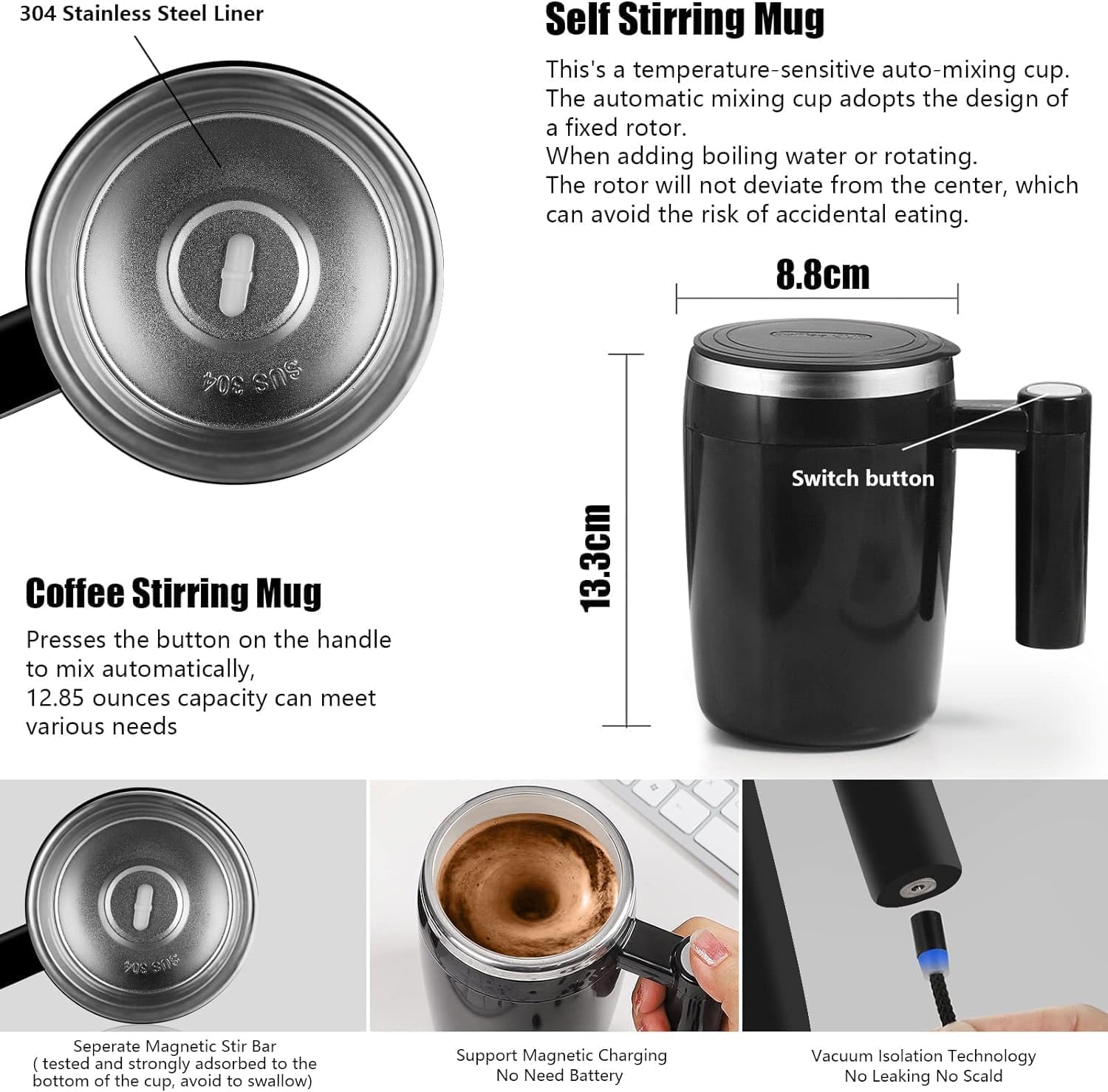 FCSWEET mug detail graphic showing the stainless-steel liner, stir bar, dimensions and magnetic charging