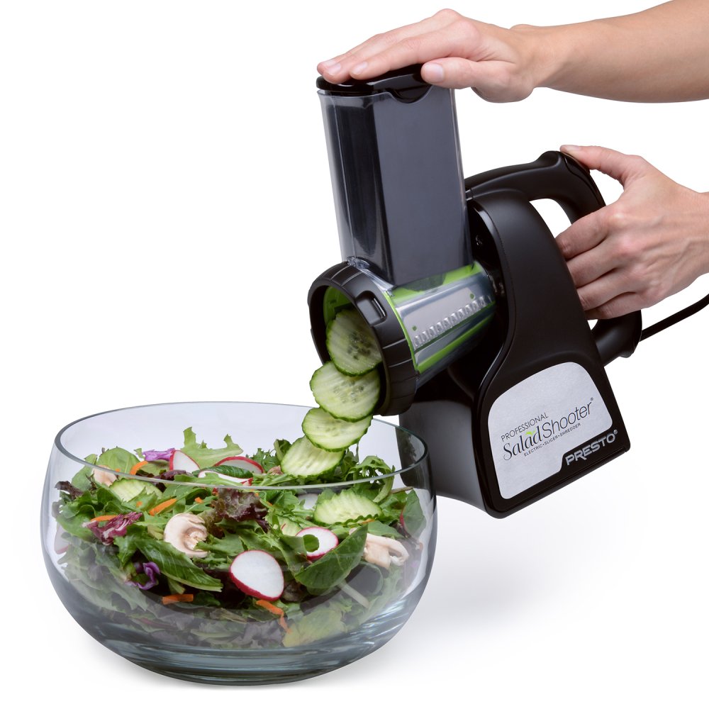 Presto 02970 Professional SaladShooter slicing cucumber directly into a salad