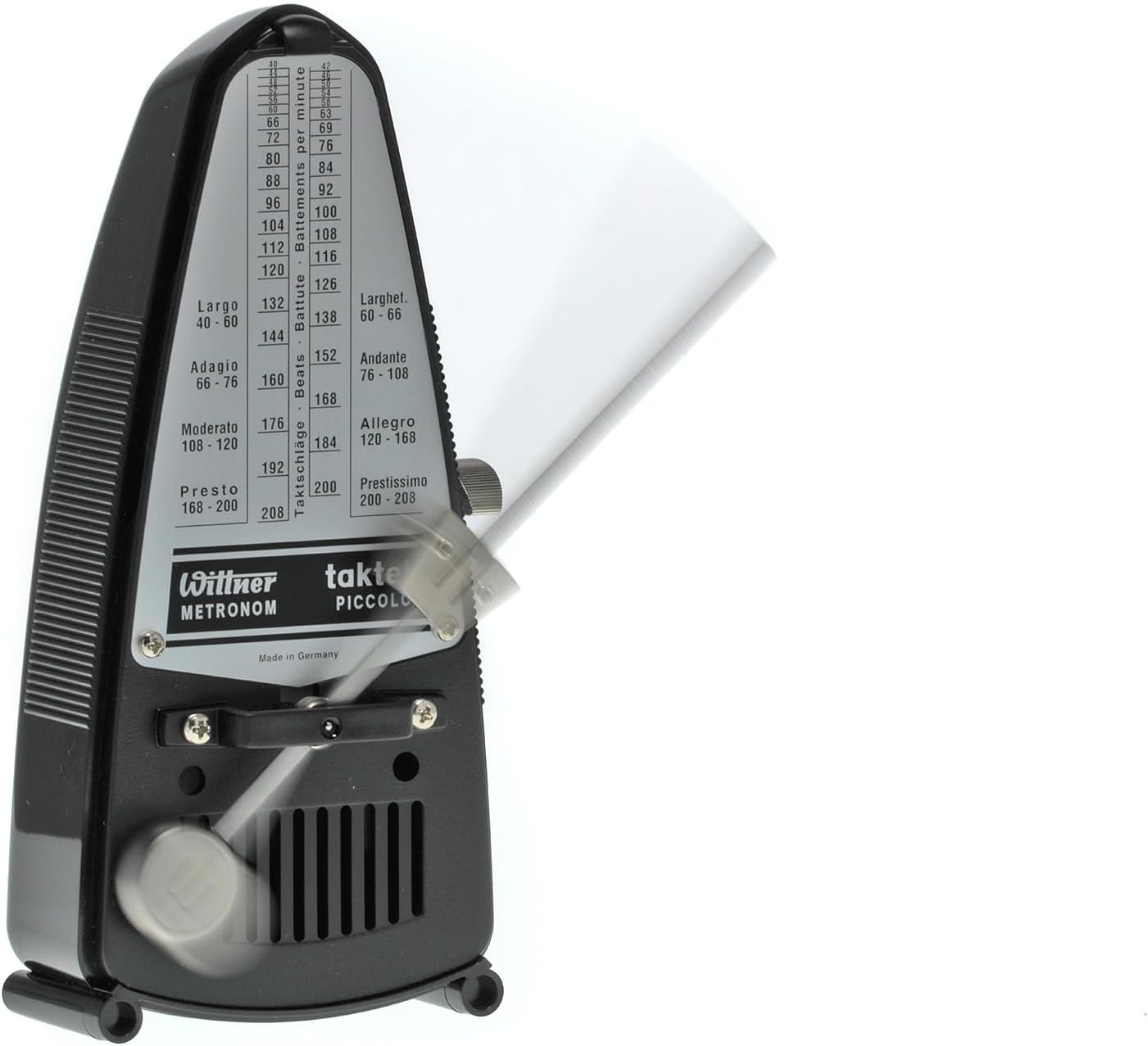 Exact black Wittner836 metronome pictured with pendulum motion across its tempo scale