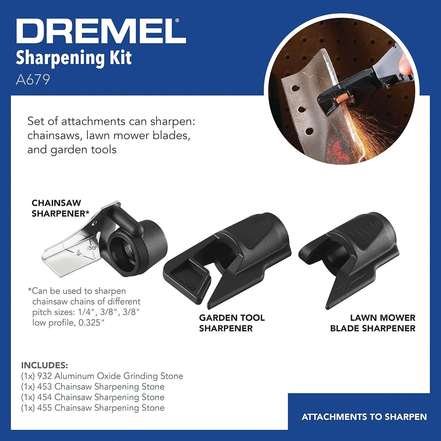Dremel 商品示意图展示三种磨刃用途及带编号磨石。