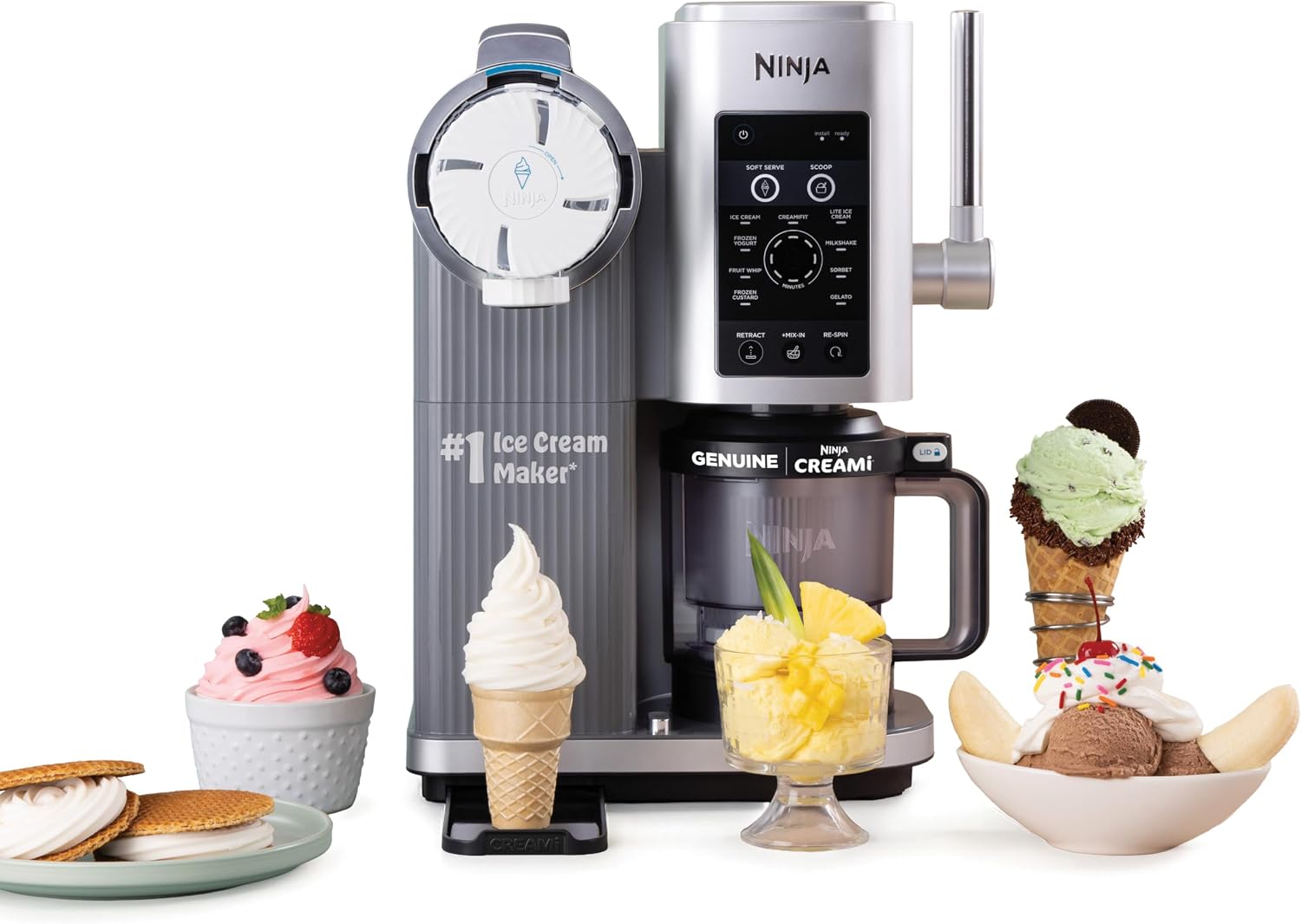 Silver Ninja CREAMi Scoop & Swirl NC701 with processing chamber, side dispenser, handle and frozen desserts