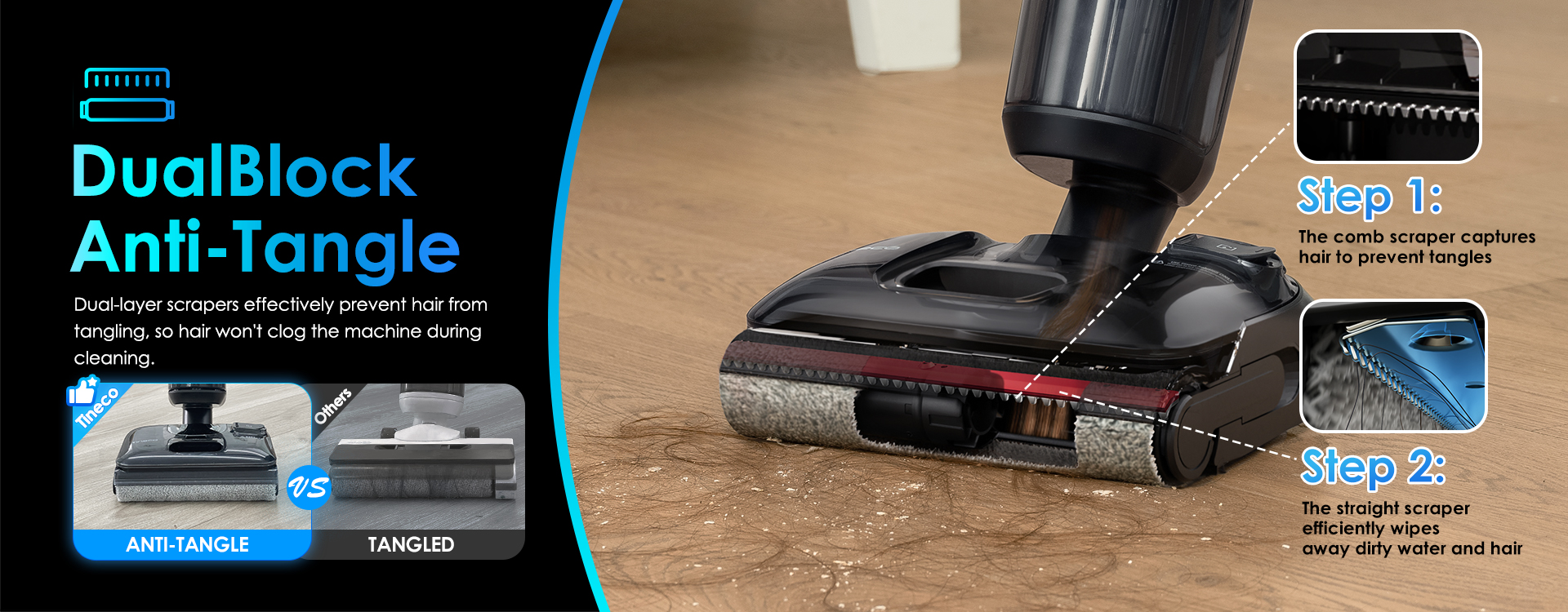 Tineco FLOOR ONE S7 Stretch Ultra DualBlock anti-tangle brush head detail