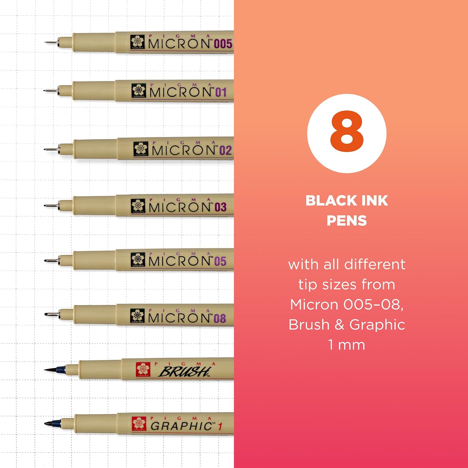 Supplier photographic layout of six Micron fine points, a Brush tip and a Graphic 1 mm tip