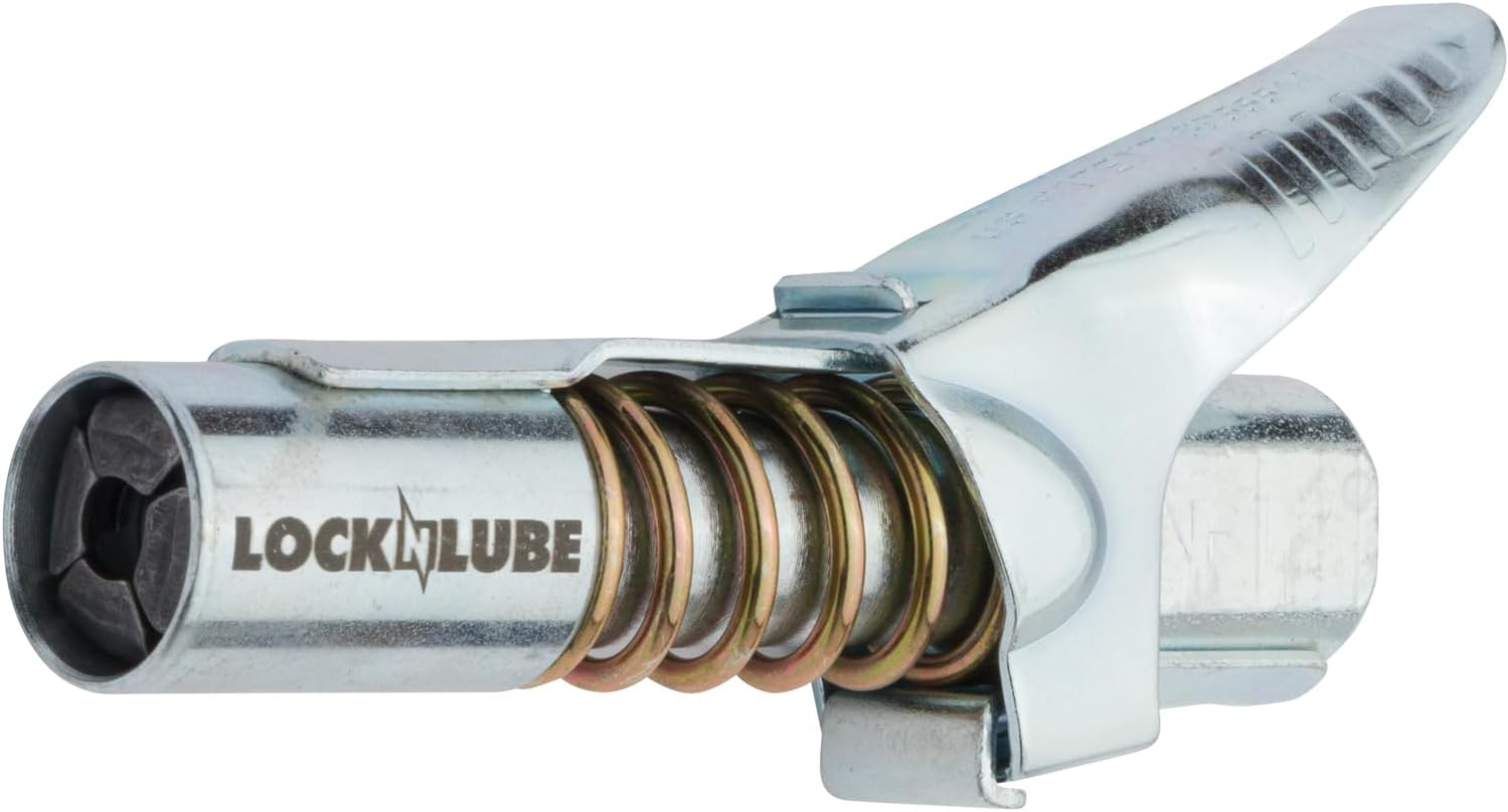 Side view of the LockNLube GC81011 coupler showing its jaws, spring, and thumb lever