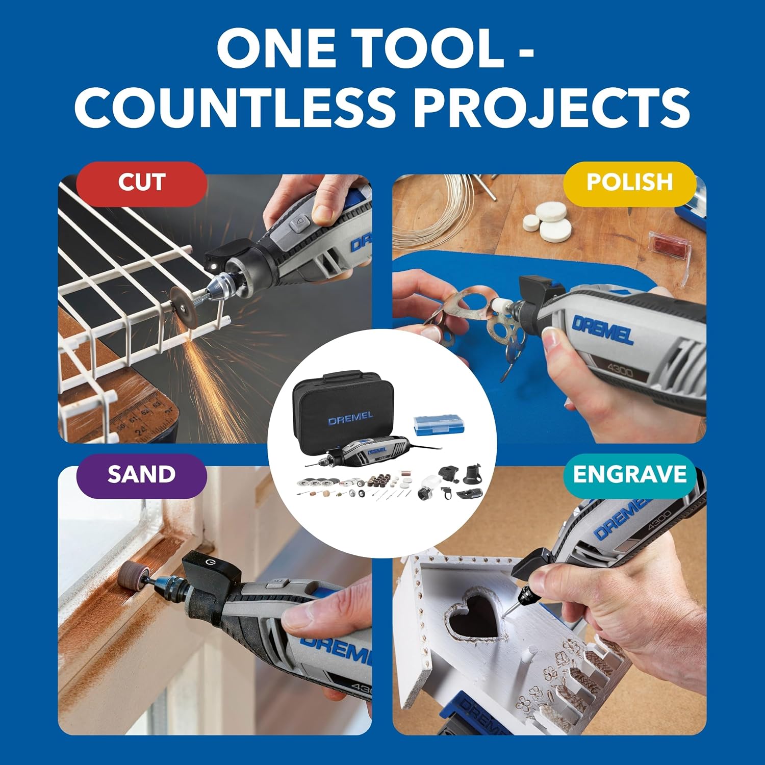 Supplier collage showing the Dremel 4300 and several task arrangements
