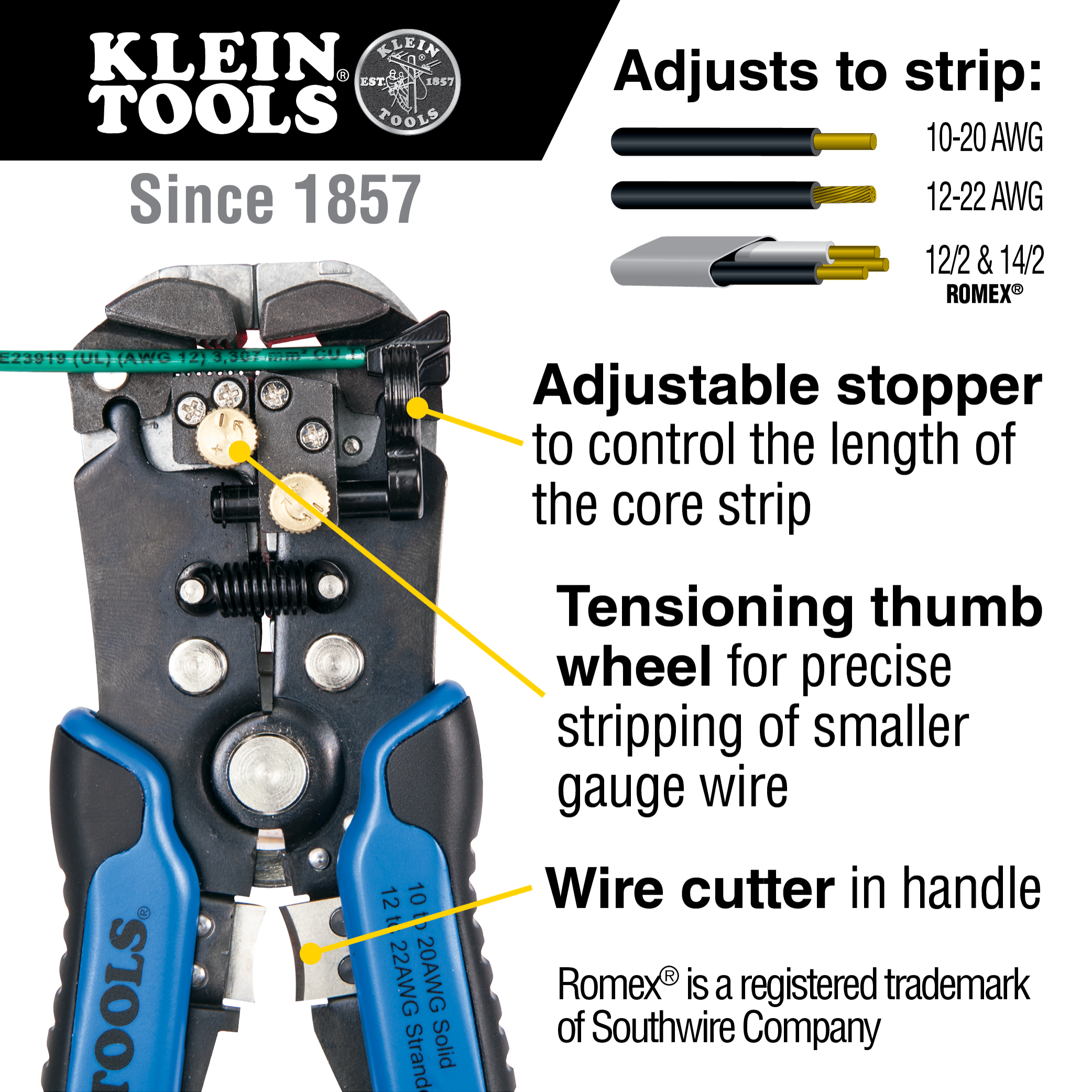 Klein Tools 11061 功能图标出挡块、张力旋钮、钳口与剪切口