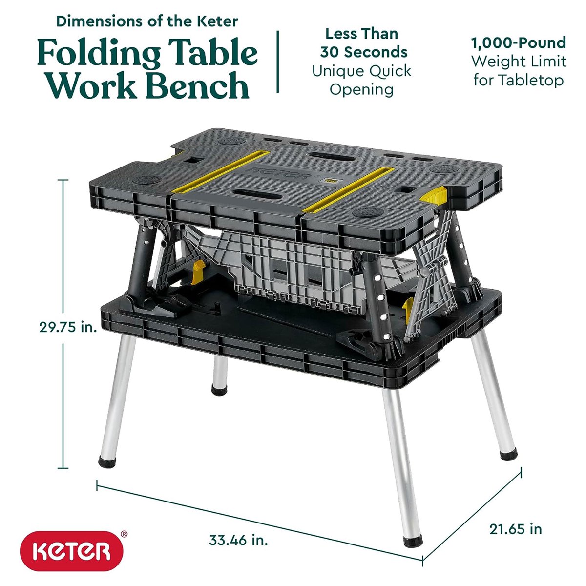 Keter 197283 folding workbench dimension diagram showing 33.46 by 21.65 by 29.75 inches