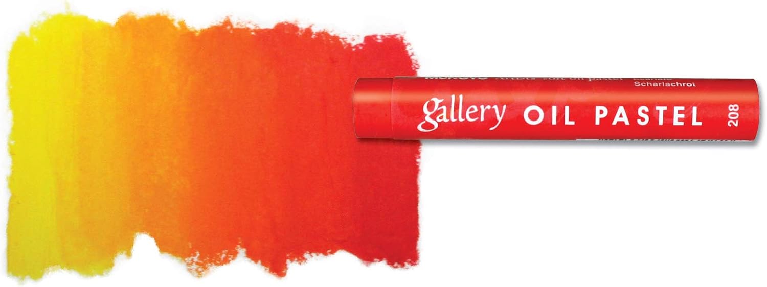 Mungyo Gallery Scarlet 208 oil-pastel stick beside the supplier's yellow-to-red blended swatch