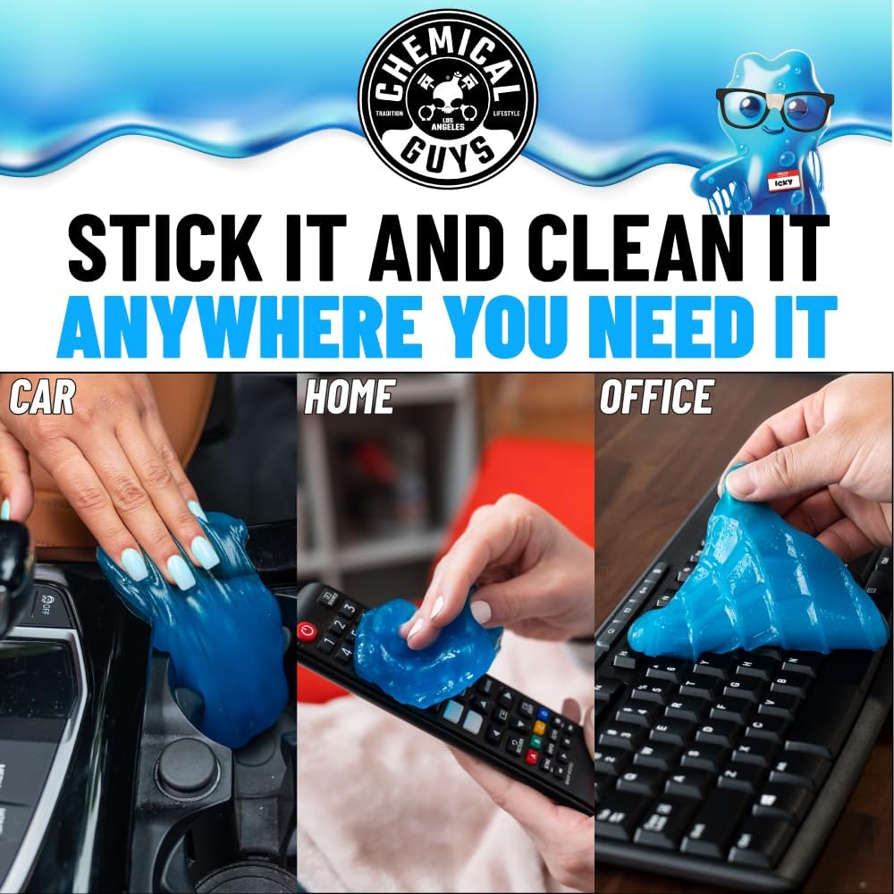 Chemical Guys demonstration of blue Sticky Icky gel on a car console, remote, and keyboard