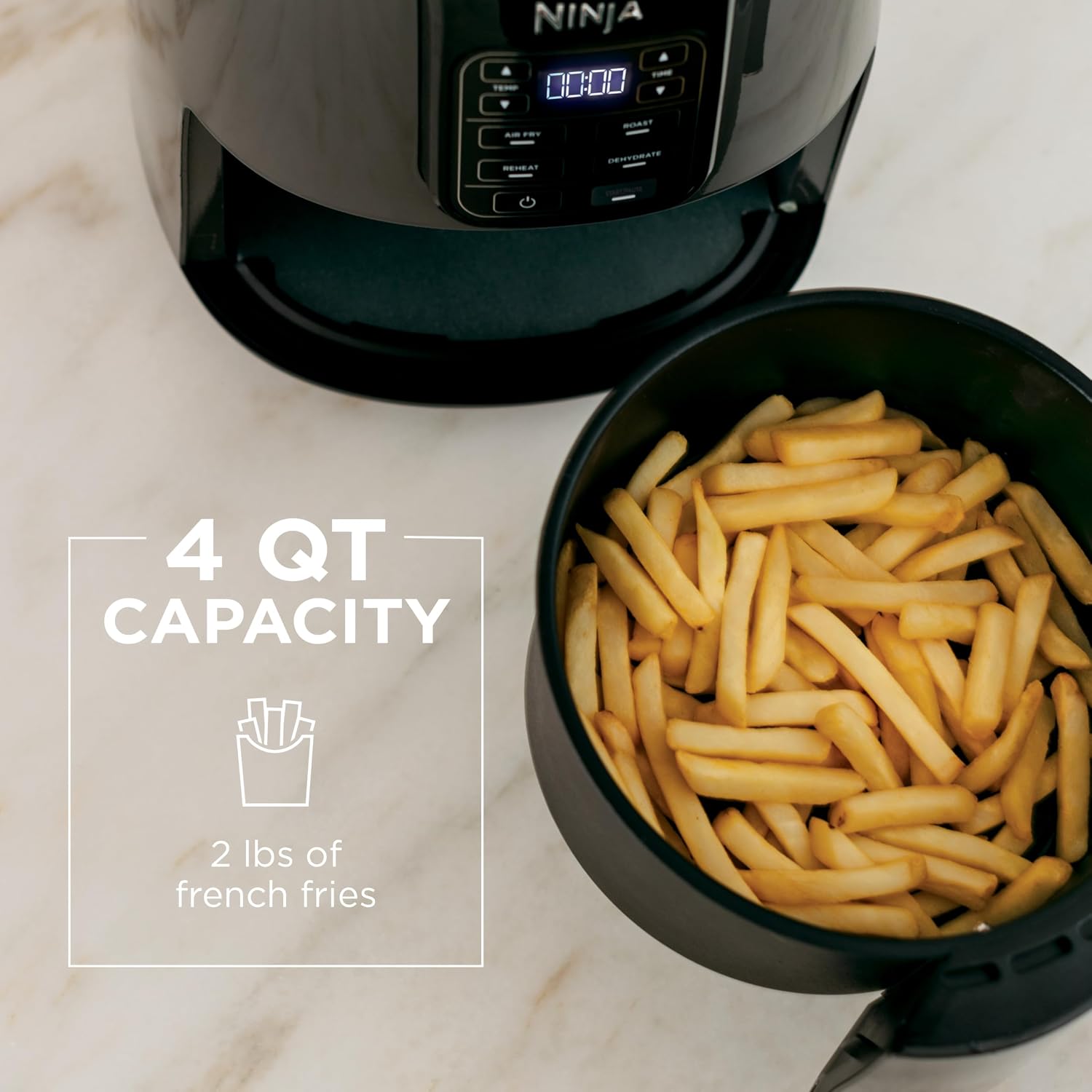 Grey Ninja AF101 beside its open 4-quart pull-out basket.