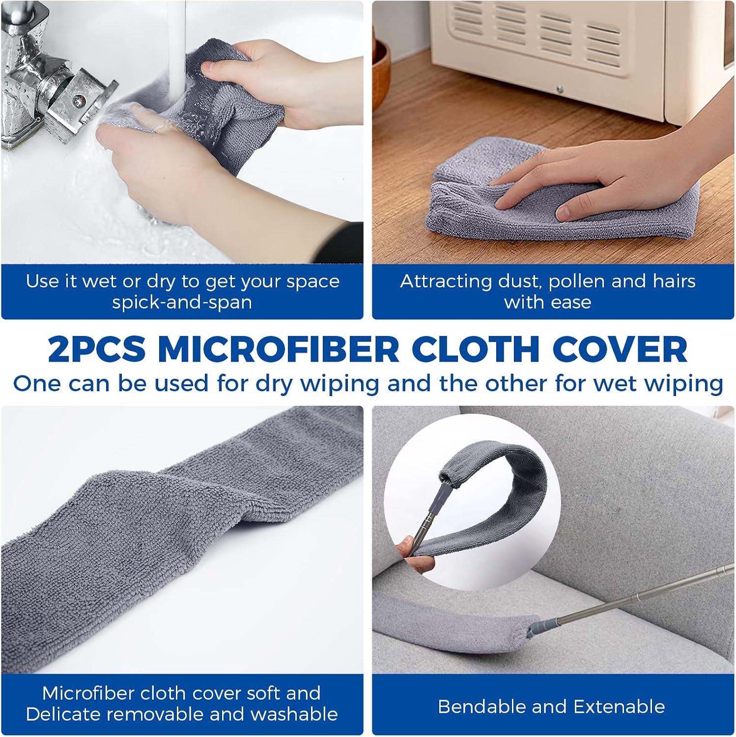 Gray microfiber cover being rinsed and used by hand, with flexible duster example