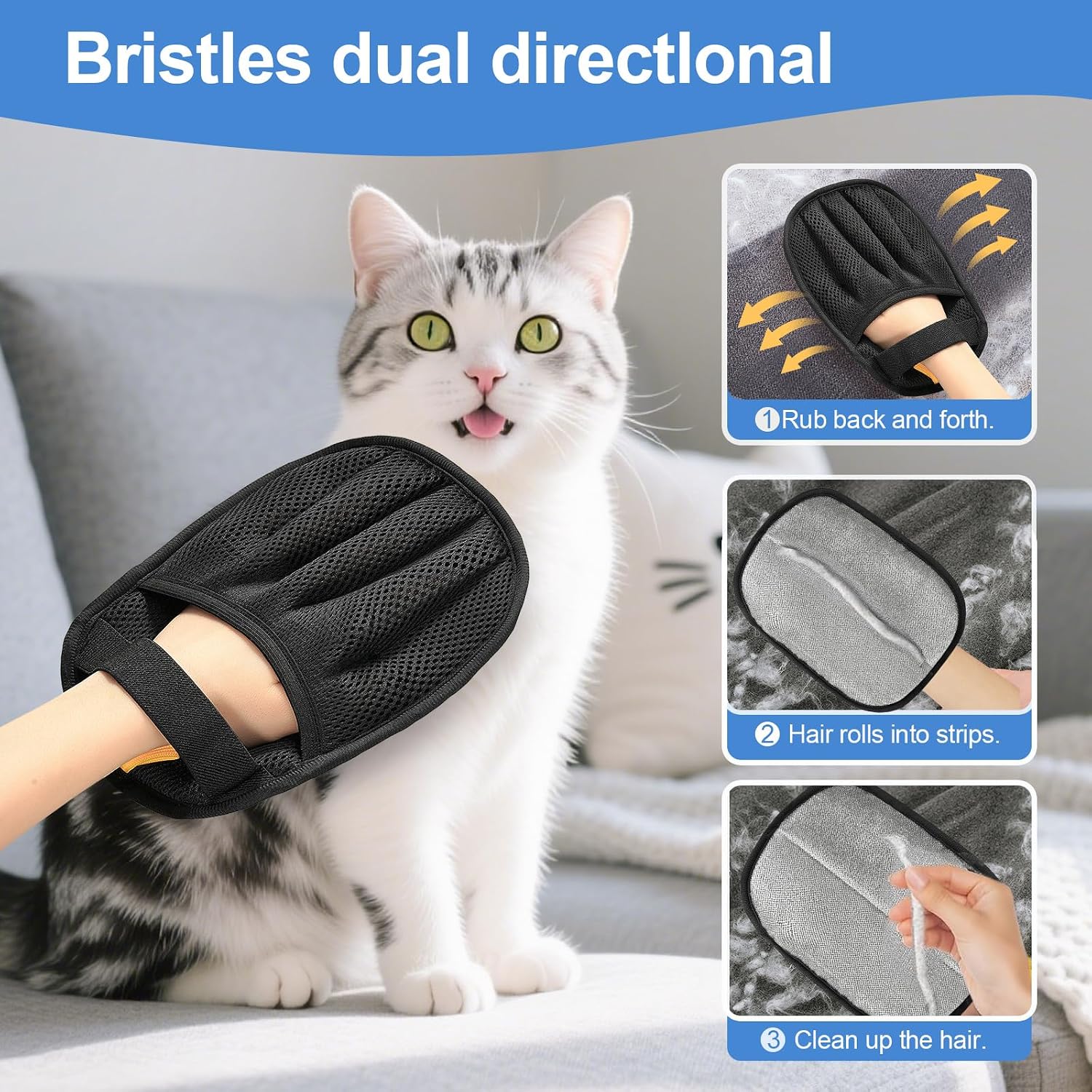 Salhap SH-1 glove demonstrating back-and-forth passes that gather loose pet hair into strips