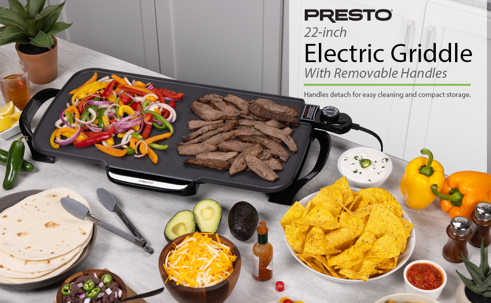 Presto 07061 electric griddle holding steak strips and vegetables across its wide cooking surface.