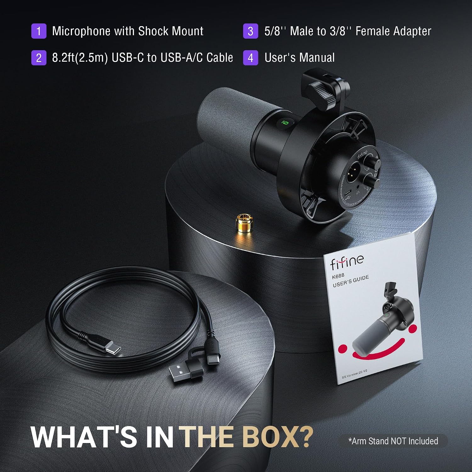 K688 supplier package view showing microphone and shock mount, USB cable, thread adapter and user guide; arm stand not included
