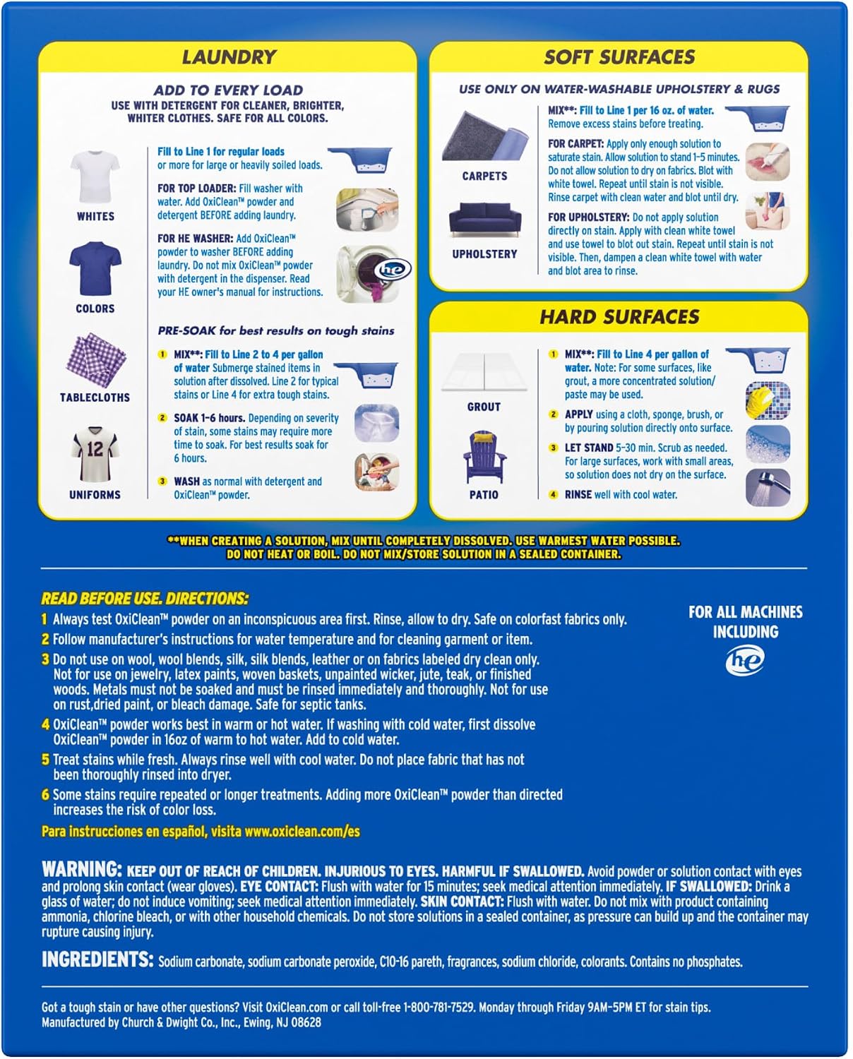 OxiClean Versatile back label with presoak, washing and fabric-care directions