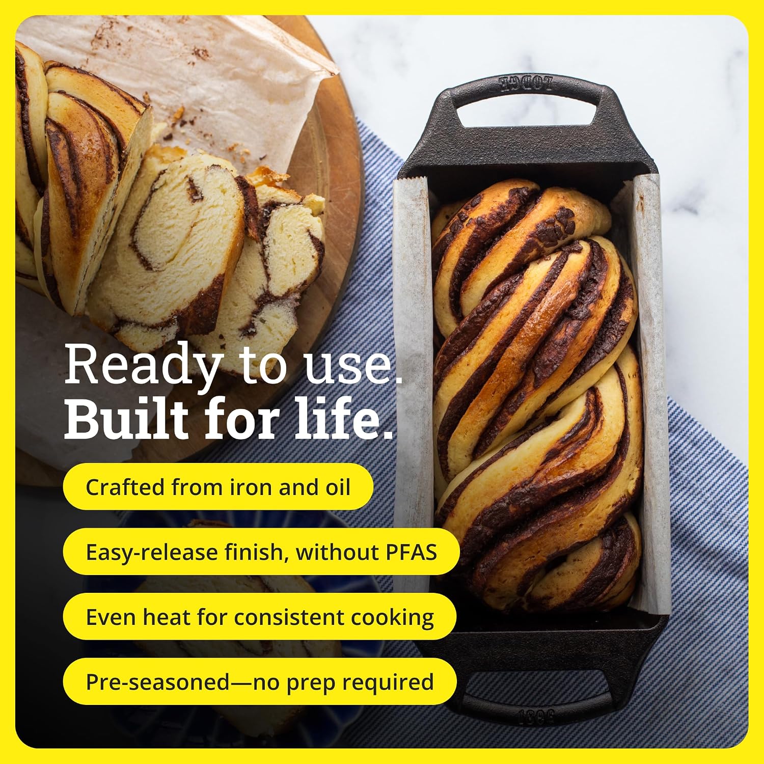 Babka in the Lodge loaf pan with a parchment liner, beside a sliced loaf.