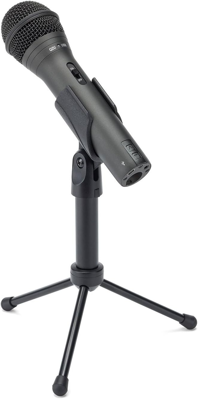 Original black Q2U angled on its desktop tripod with Mini-B USB, headphone and XLR sockets visible underneath