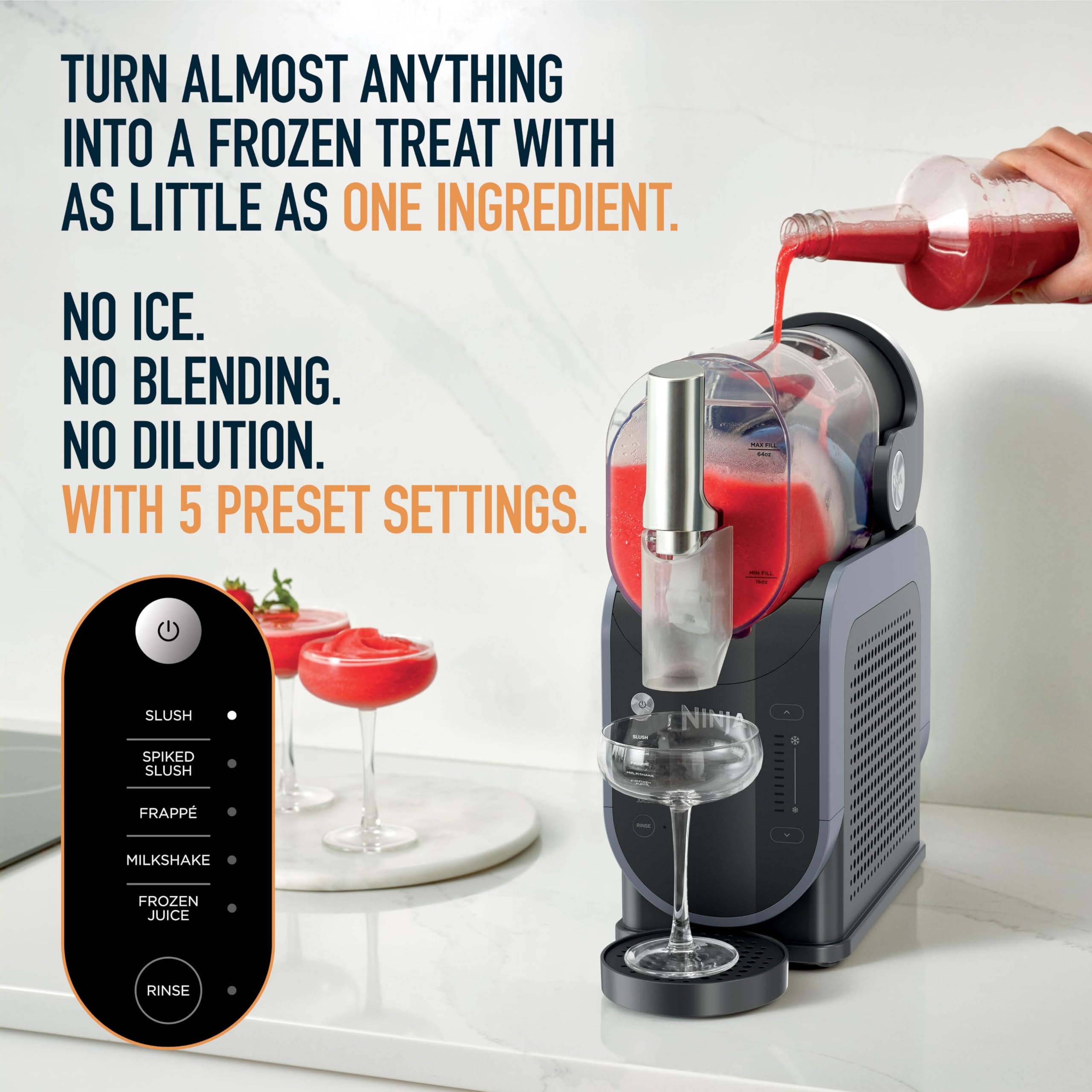 Black Ninja SLUSHi FS301 being filled with red liquid beside its five preset controls