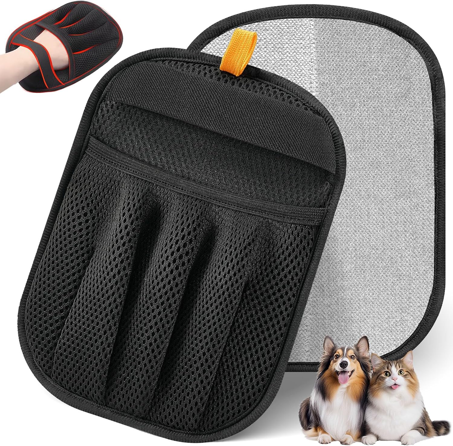 Salhap SH-1 black pet hair removal glove showing the mesh five-pocket back and silver working face