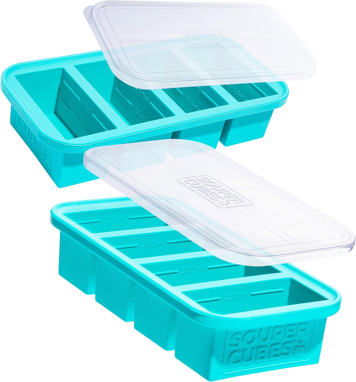 Two Aqua Souper Cubes one-cup silicone freezer trays with lids