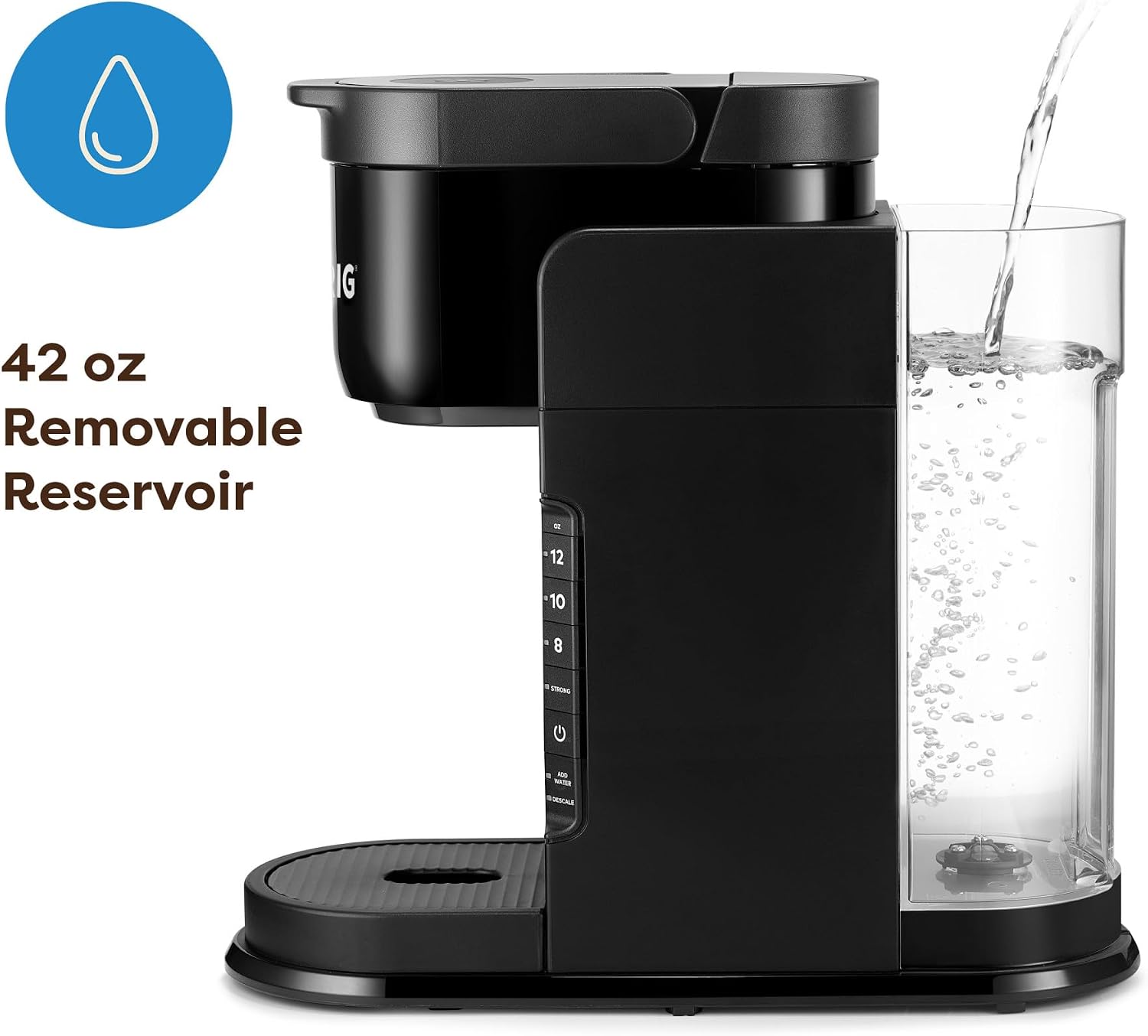 Side view of the black Keurig K-Express showing the 42-ounce water reservoir