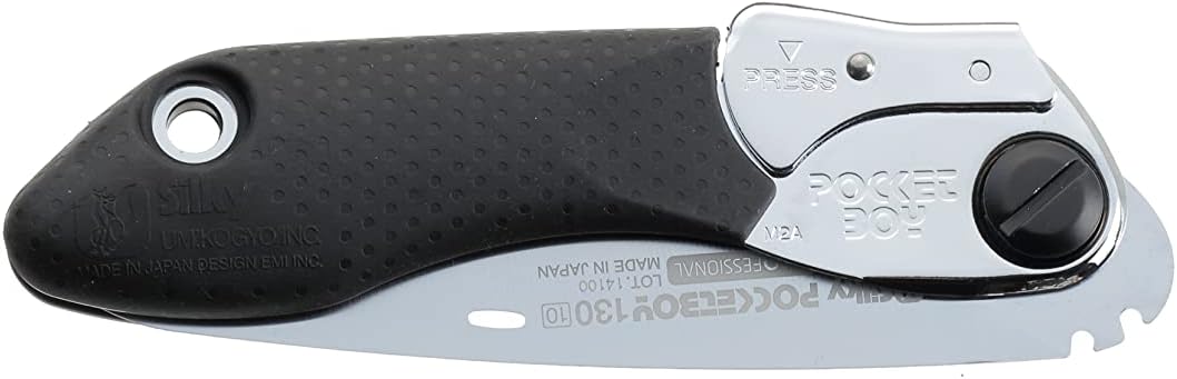 Silky PocketBoy 130 medium-tooth saw folded with its teeth turned into the black handle
