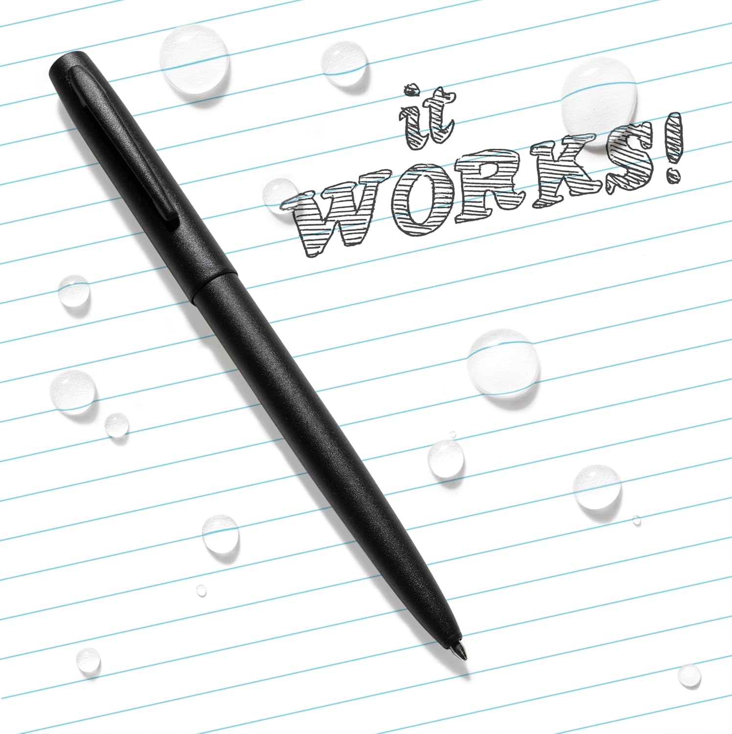 Black Rite in the Rain No. 97 pen resting on wet lined paper