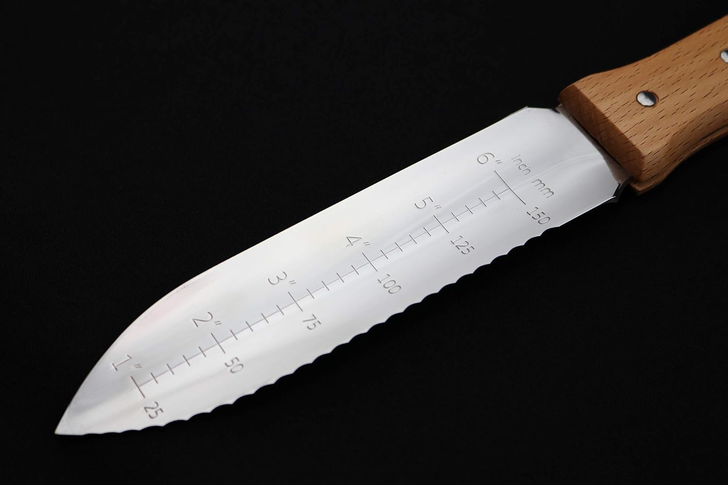 Close view of the NJP650 blade showing inch markings and the serrated cutting edge.