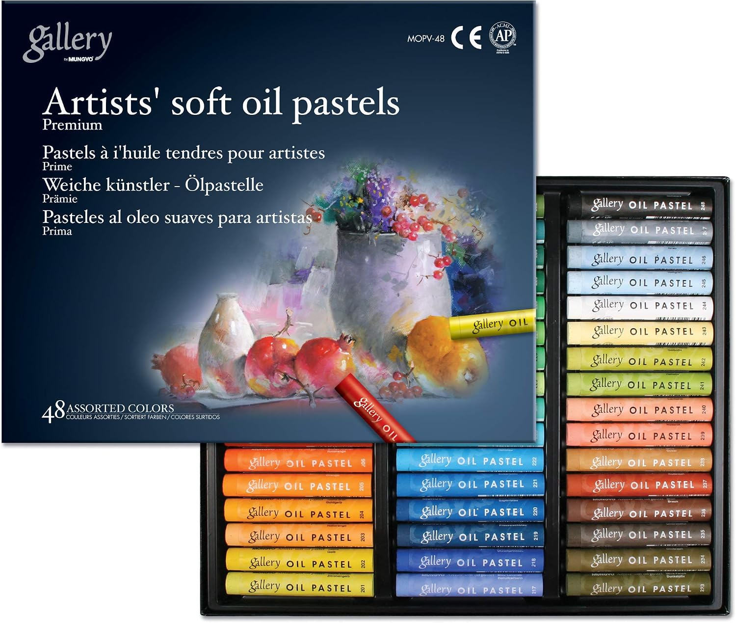 Blue Mungyo Gallery Artists Soft Oil Pastels MOPV-48 box with its assorted color tray partly visible