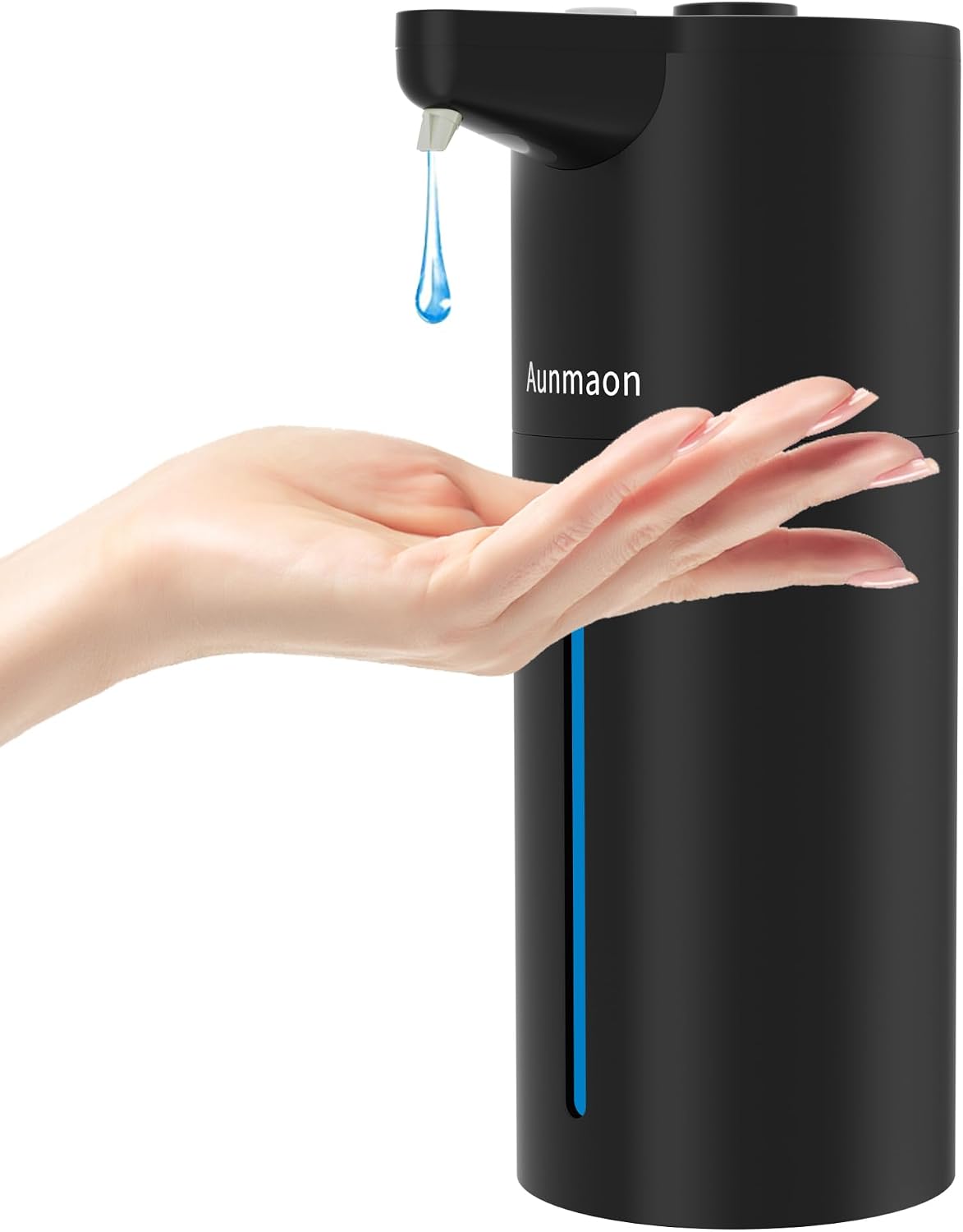 Bright Black Aunmaon dispenser releasing liquid toward a hand