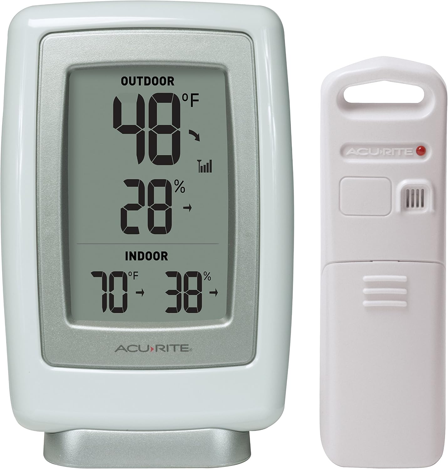 White AcuRite display with separate outdoor and indoor temperature and humidity sections, beside its wireless outdoor sensor.