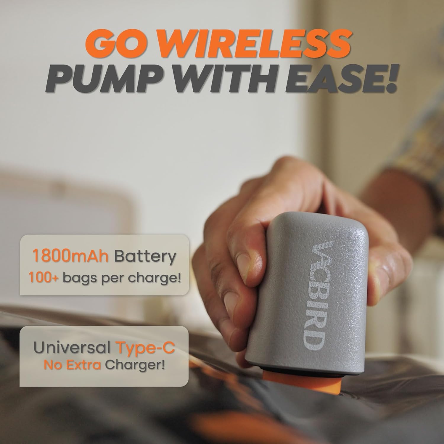 Matching grey-and-orange Vacbird pump held over a storage bag valve