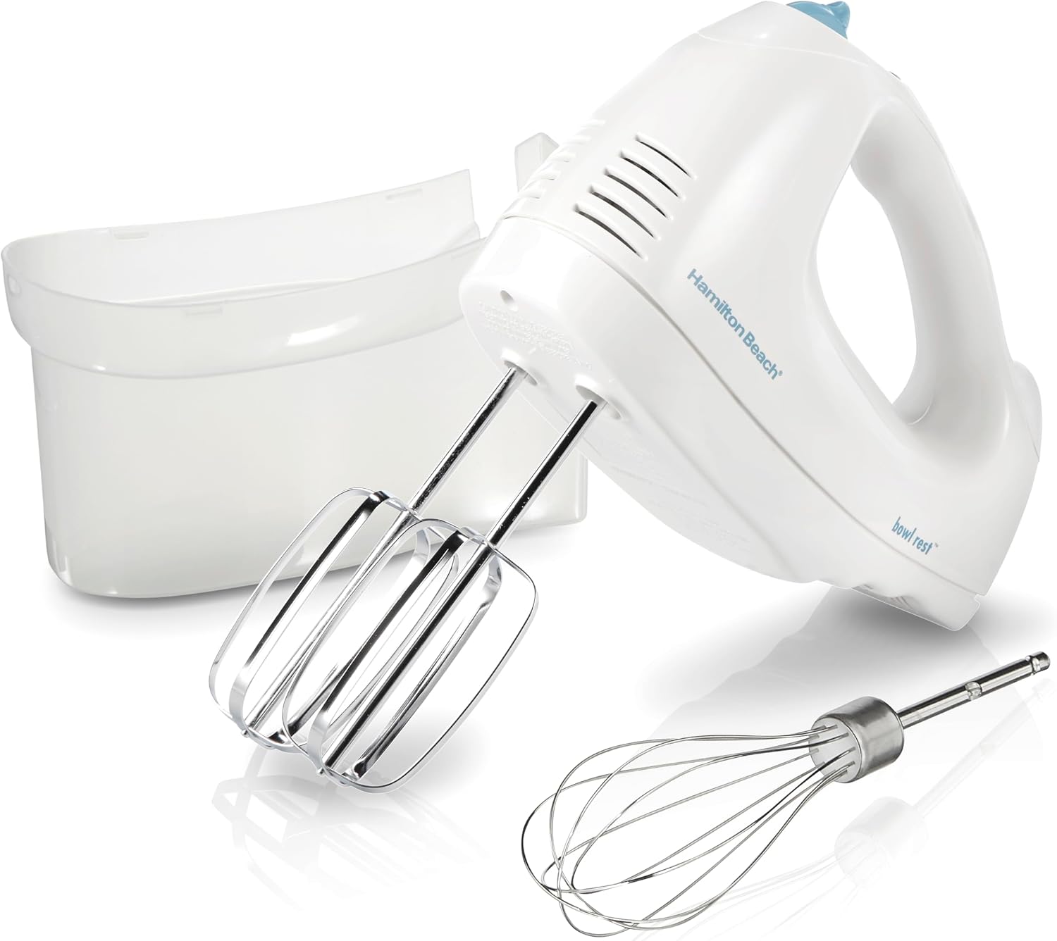 White Hamilton Beach62682G with traditional beaters, whisk and case