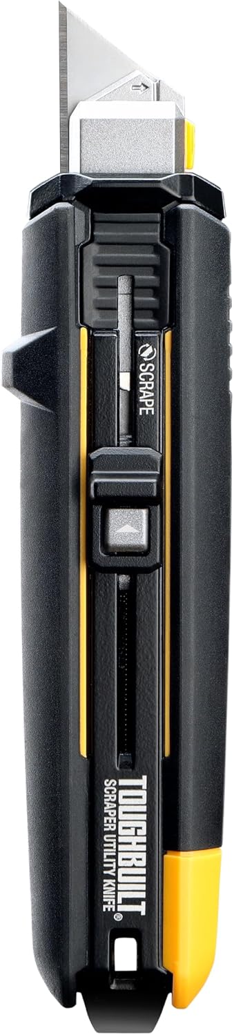 Front view of the black-and-yellow ToughBuilt scraper utility knife with its blade aligned lengthwise in utility-knife mode.