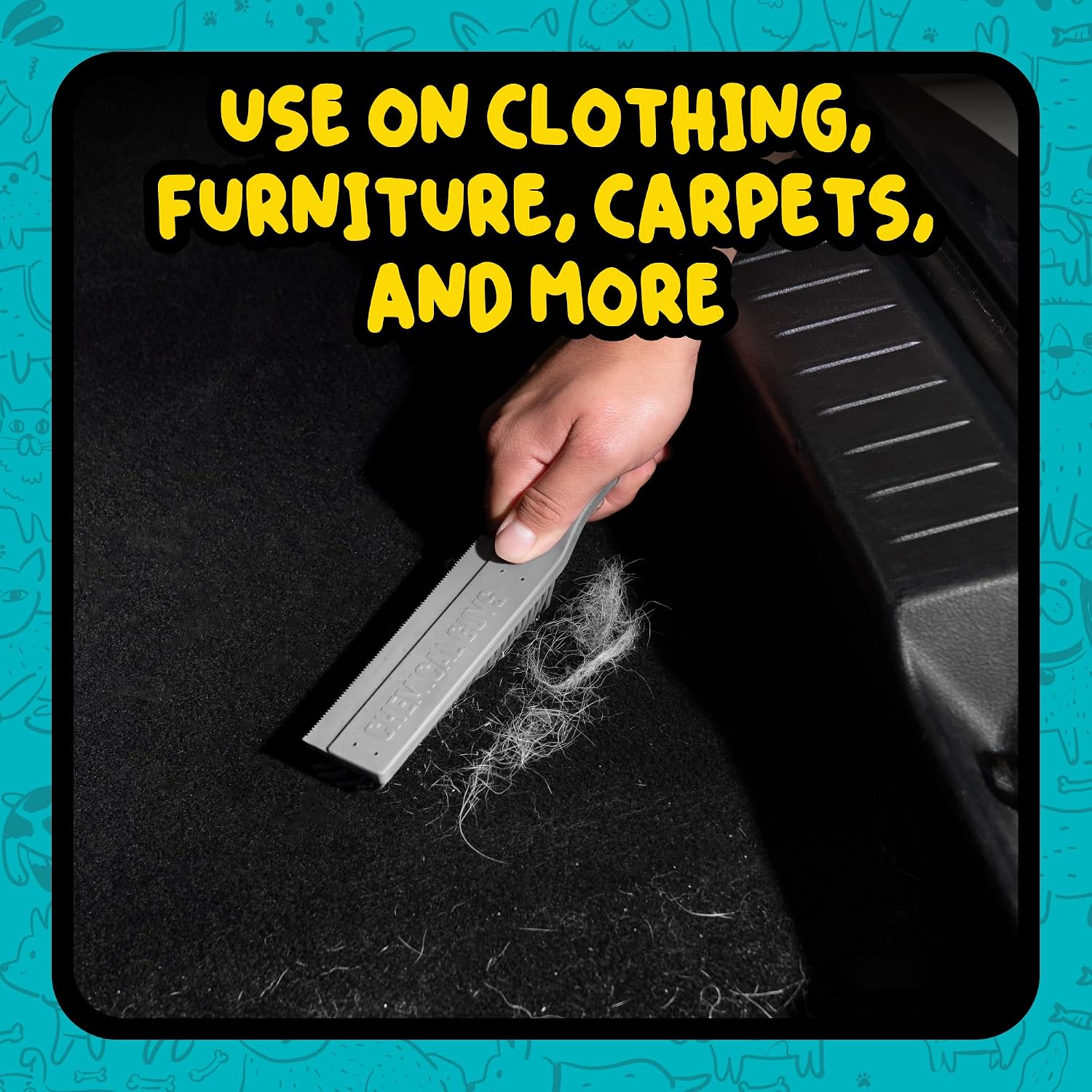Gray Grubbie brush gathering loose pet hair on automotive carpet