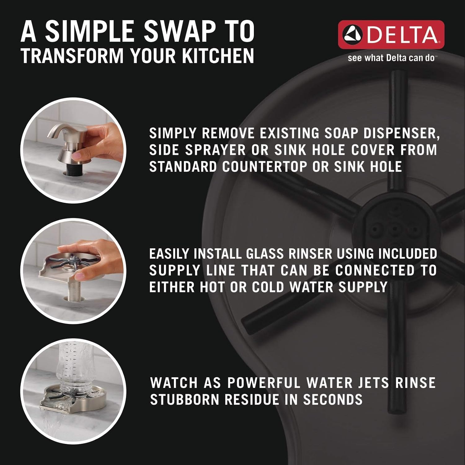 Delta glass rinser shown replacing a sink accessory and rinsing an inverted cup
