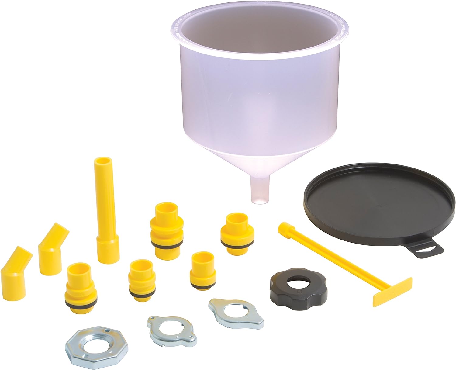Translucent Lisle 24680 funnel beside a black lid, a yellow stopper, adapters, a straight extension, two elbows and metal and black caps.
