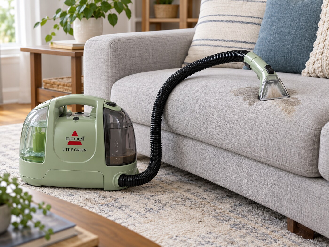 BISSELL Little Green 1400B extracting a localized spill from a light gray sofa cushion