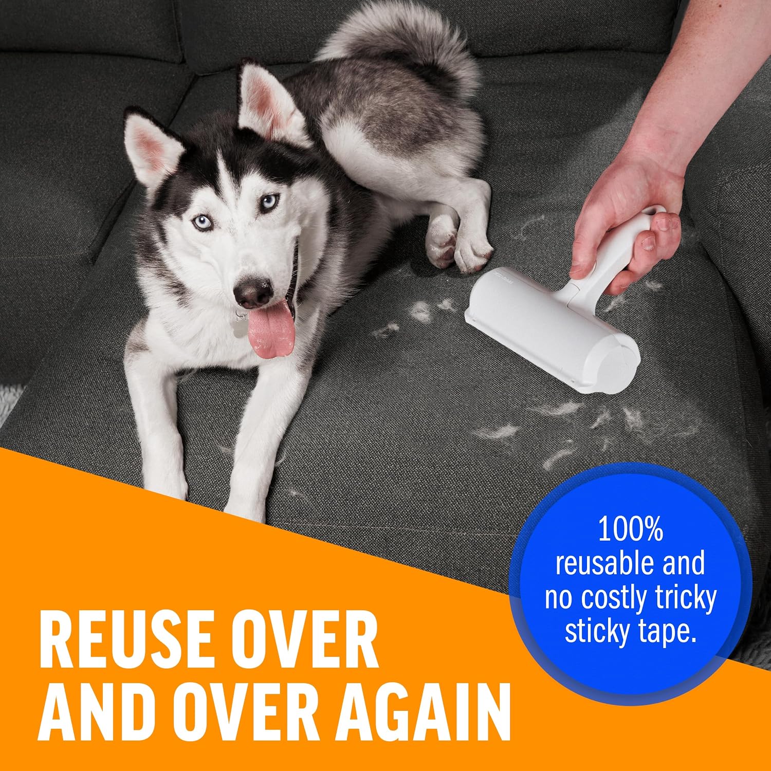 White ChomChom Roller being used on a fabric couch beside a dog