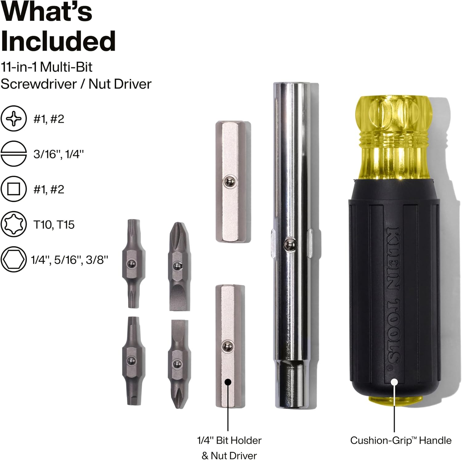 Klein Tools 32500 components showing interchangeable bits, shaft, nut-driver sections, and Cushion-Grip handle