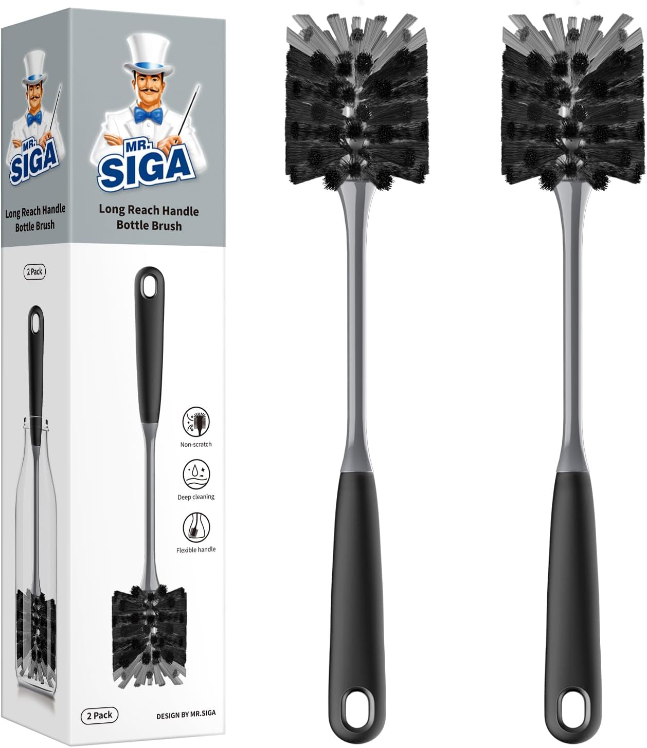 Two black MR.SIGA bottle brushes with gray tips and branded two-pack box