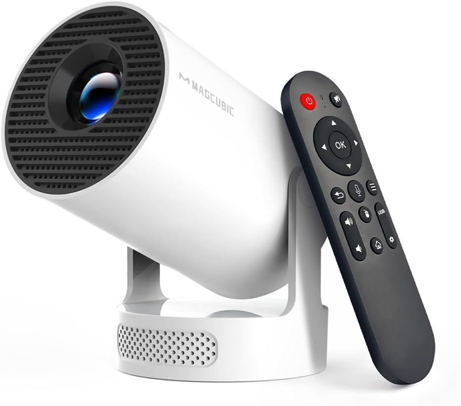White Magcubic HY300pro+ mini projector angled upward beside its black air-mouse remote