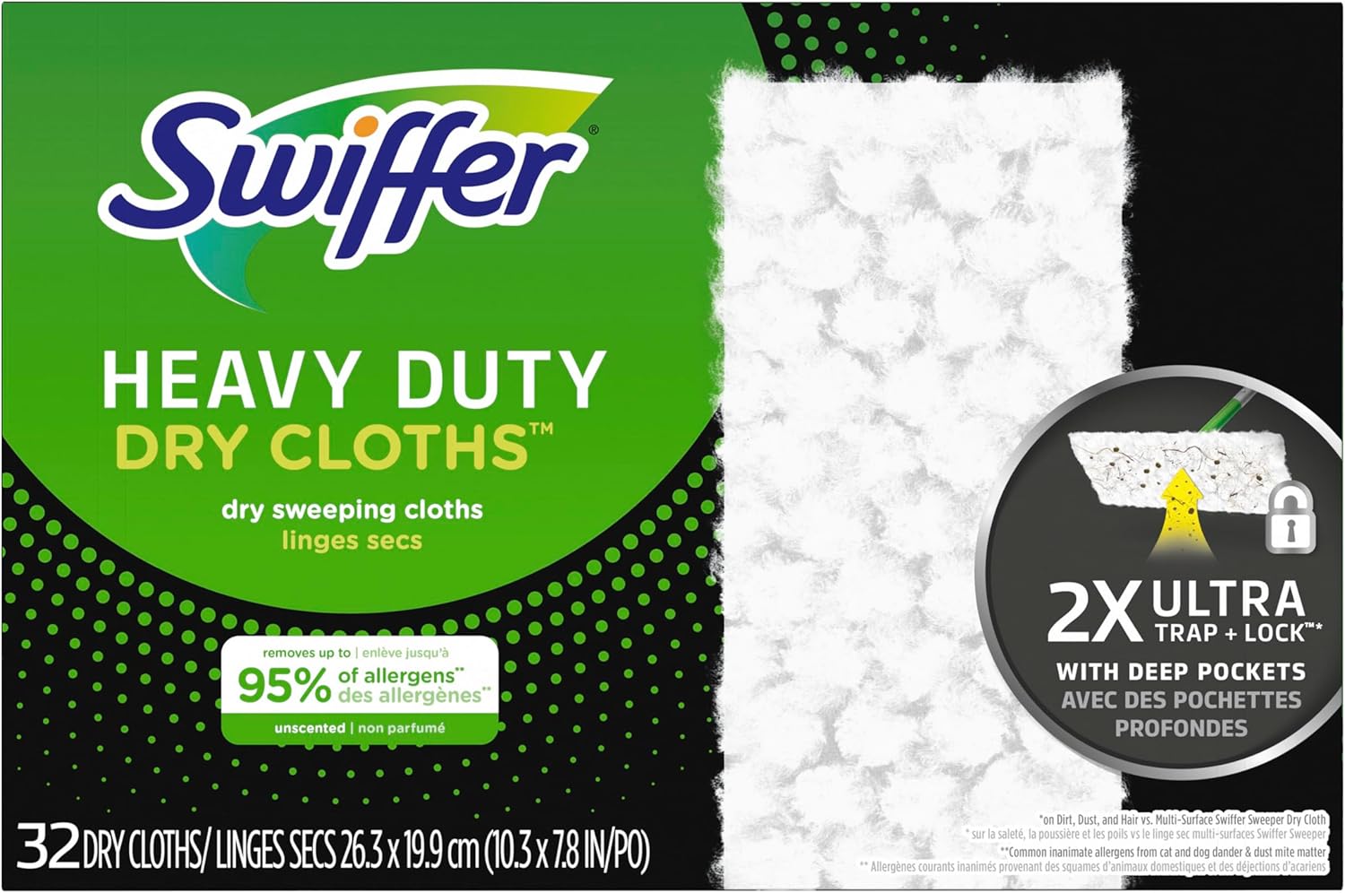 Swiffer Heavy Duty Dry Cloths box labeled unscented and 32 count