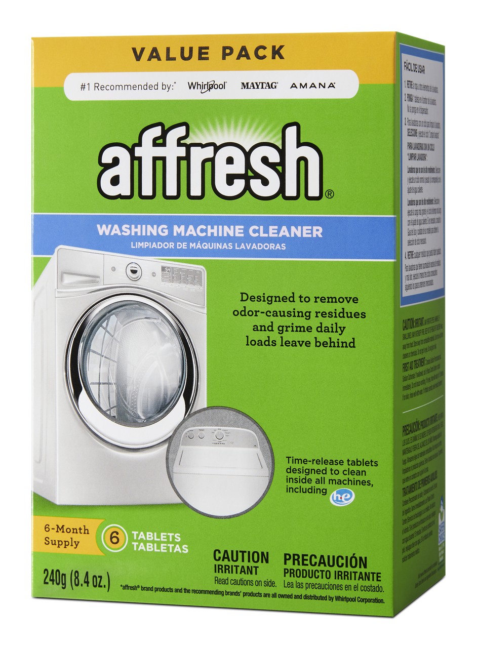 从斜侧角度拍摄的 Affresh W10501250 六片装洗衣机清洁片包装