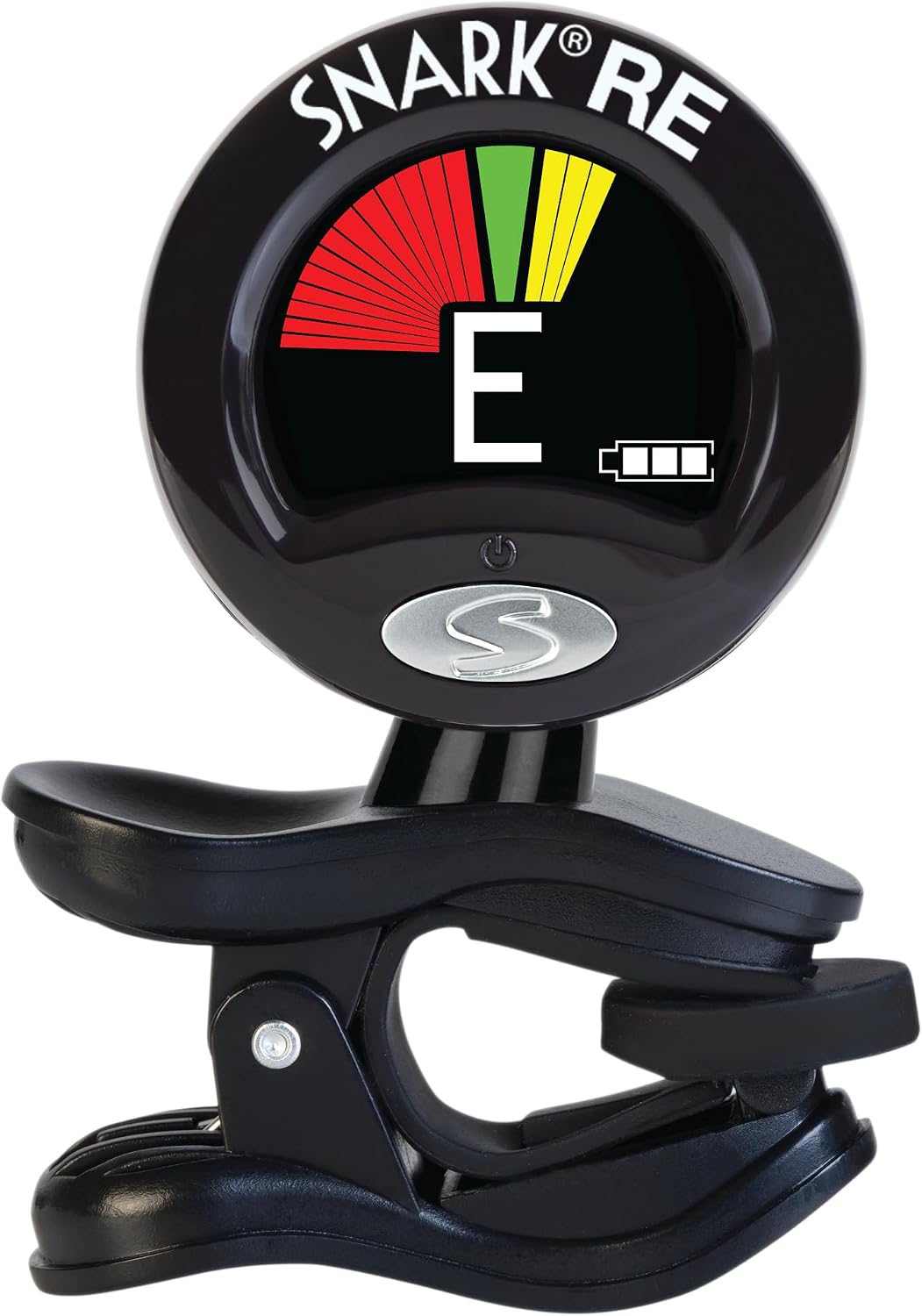Black SNARK RE rechargeable tuner with color note display and padded headstock clip