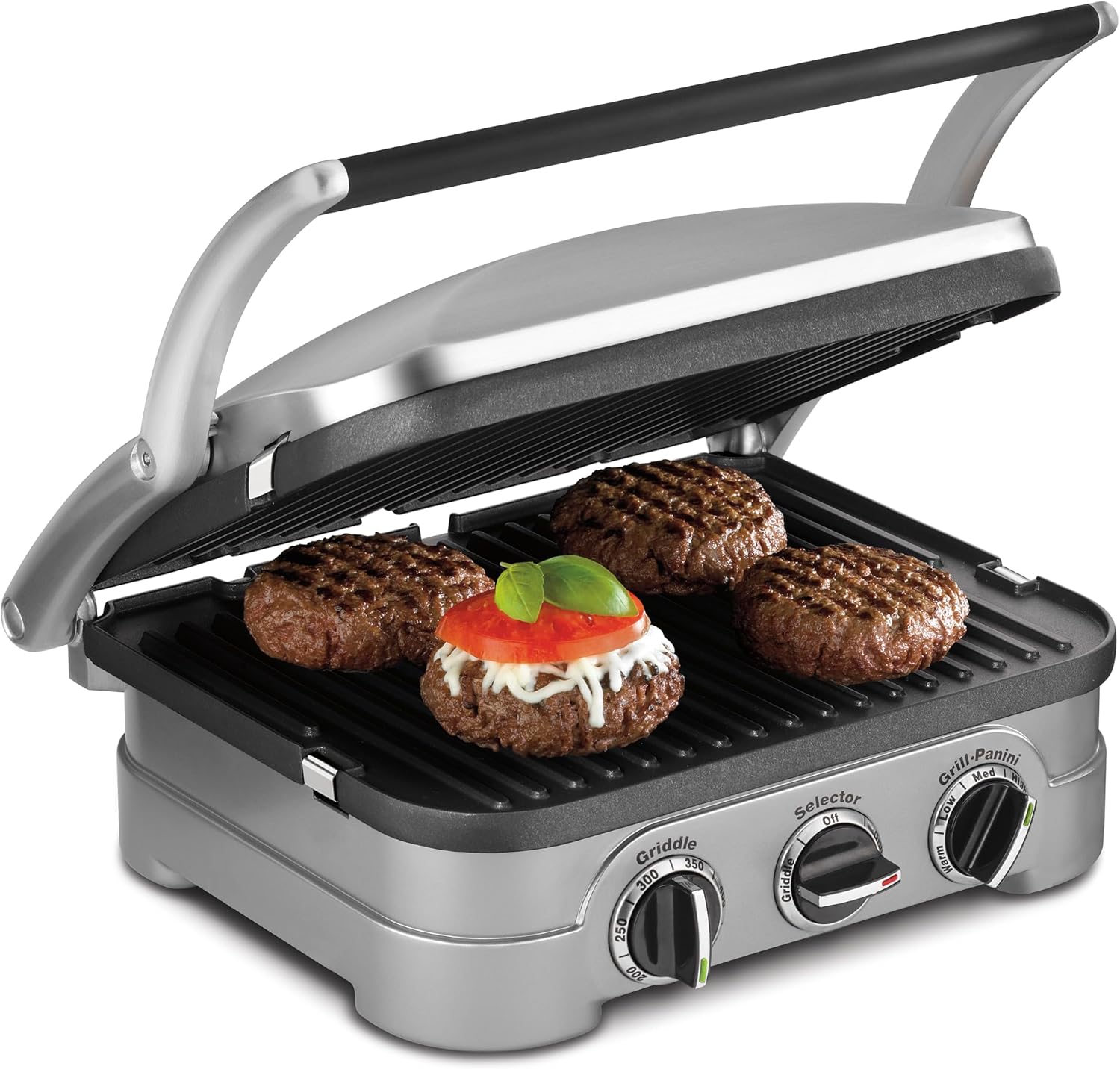 Cuisinart GR-4NNAS Griddler with its lid raised over four burgers, showing ridged plates, the handle and three front controls.