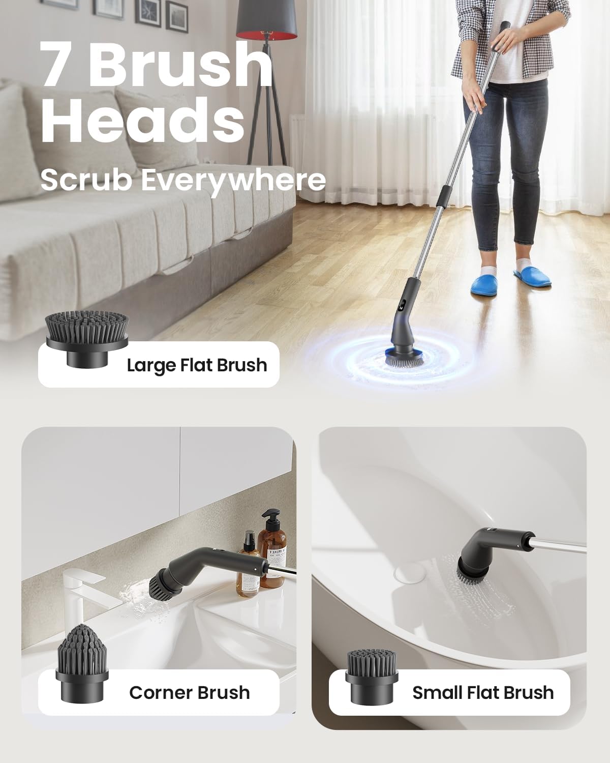 Leebein large flat, corner, and small flat brushes illustrated in different cleaning positions.