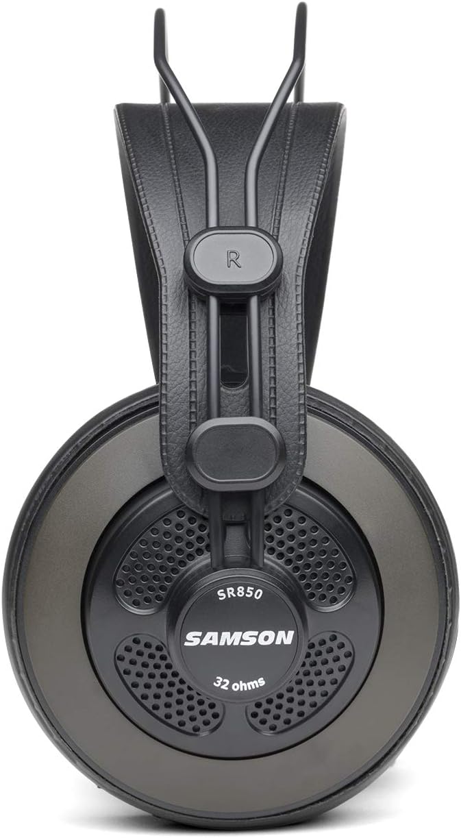 Side profile of the black Samson SR850 showing perforated earcup and self-adjusting band