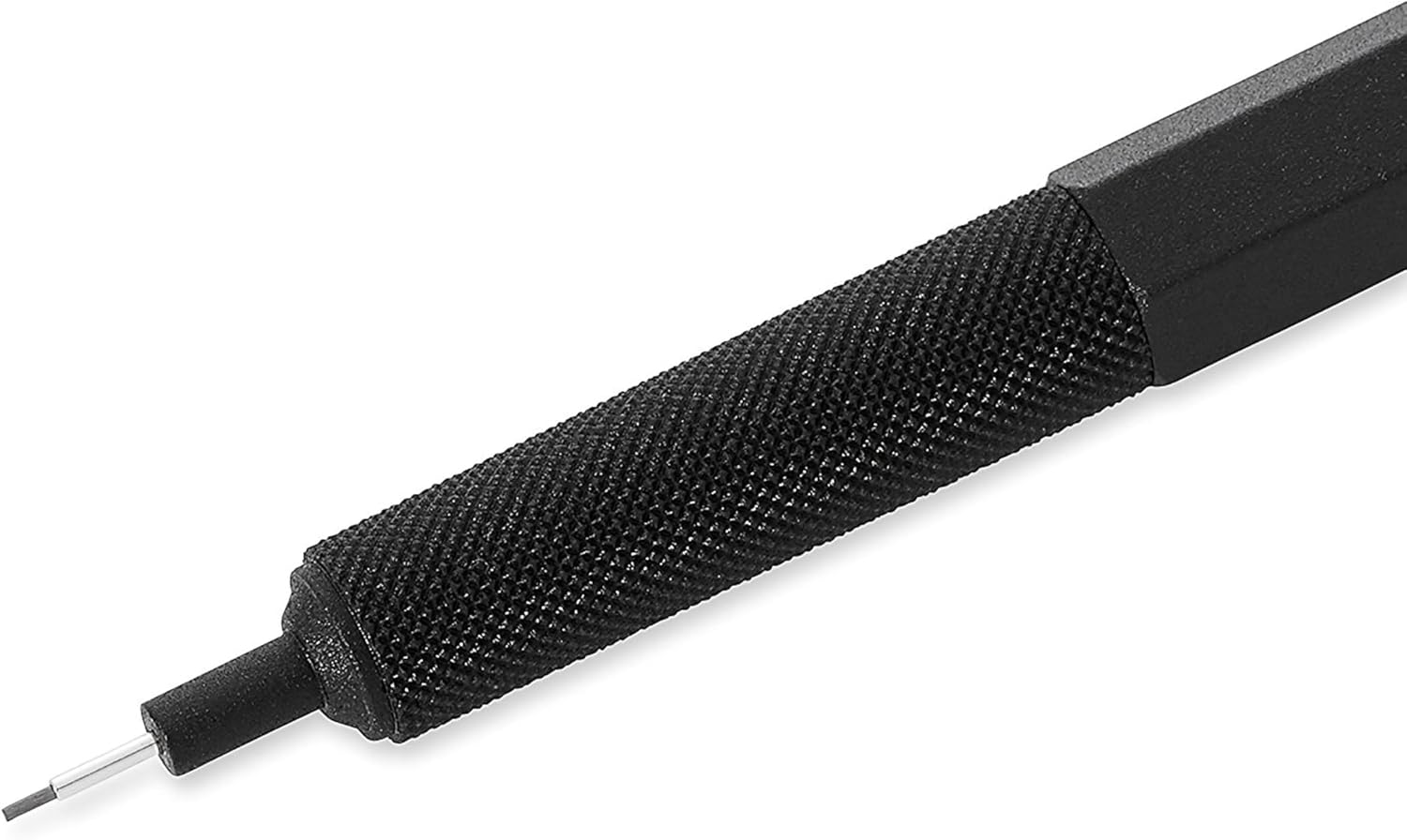 Close-up of the rOtring 600's black knurled grip, silver fixed sleeve, and exposed graphite point.